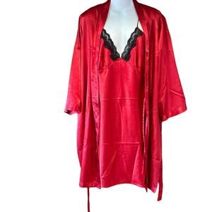 Ambrielle Womens Medium Red Satin Negligée 2 Piece Set Gown & Robe